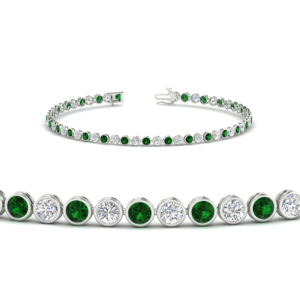2.70 Ct. Diamond Bezel Set Tennis Bracelet with 14K White Gold Green Emerald